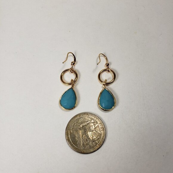 Women's Turquoise Dangle Earrings - Small Hoop Polished Gold Tone Drop Jewelry - Picture 6 of 9
